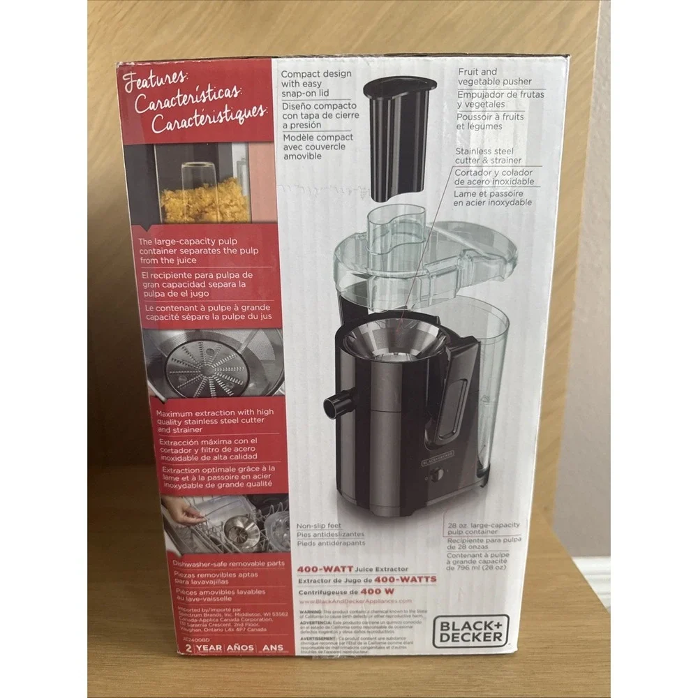 Black Decker 400 Watt Fruit Vegetable Extractor Juicer JE2400BD NEW In Box